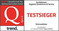 Siegel. ÖGVS, Gesellschaft für Verbraucherstudien GmbH. Qualitätstest: Angebot, Konditionen und Service. Top Stromanbieter von 43 Anbietern im Juni 2025.