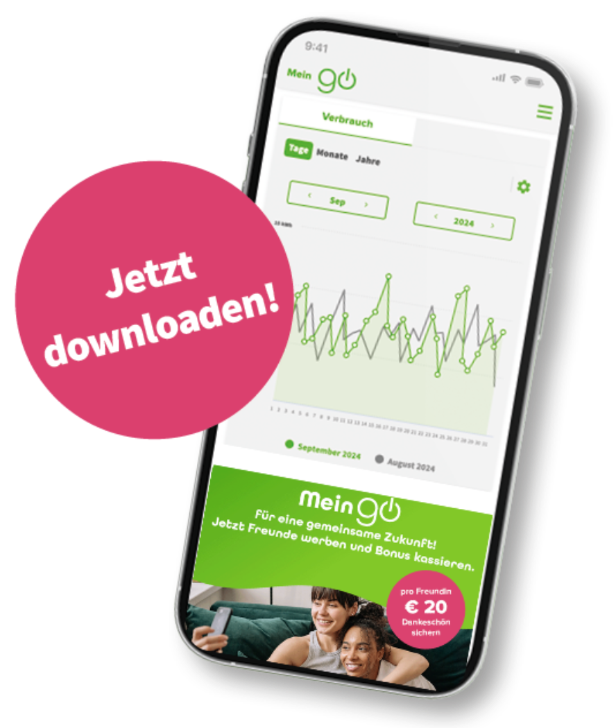 Handy mit geöffneter App wo man am Screen ein Diagramm des Stromverbrauchs sieht